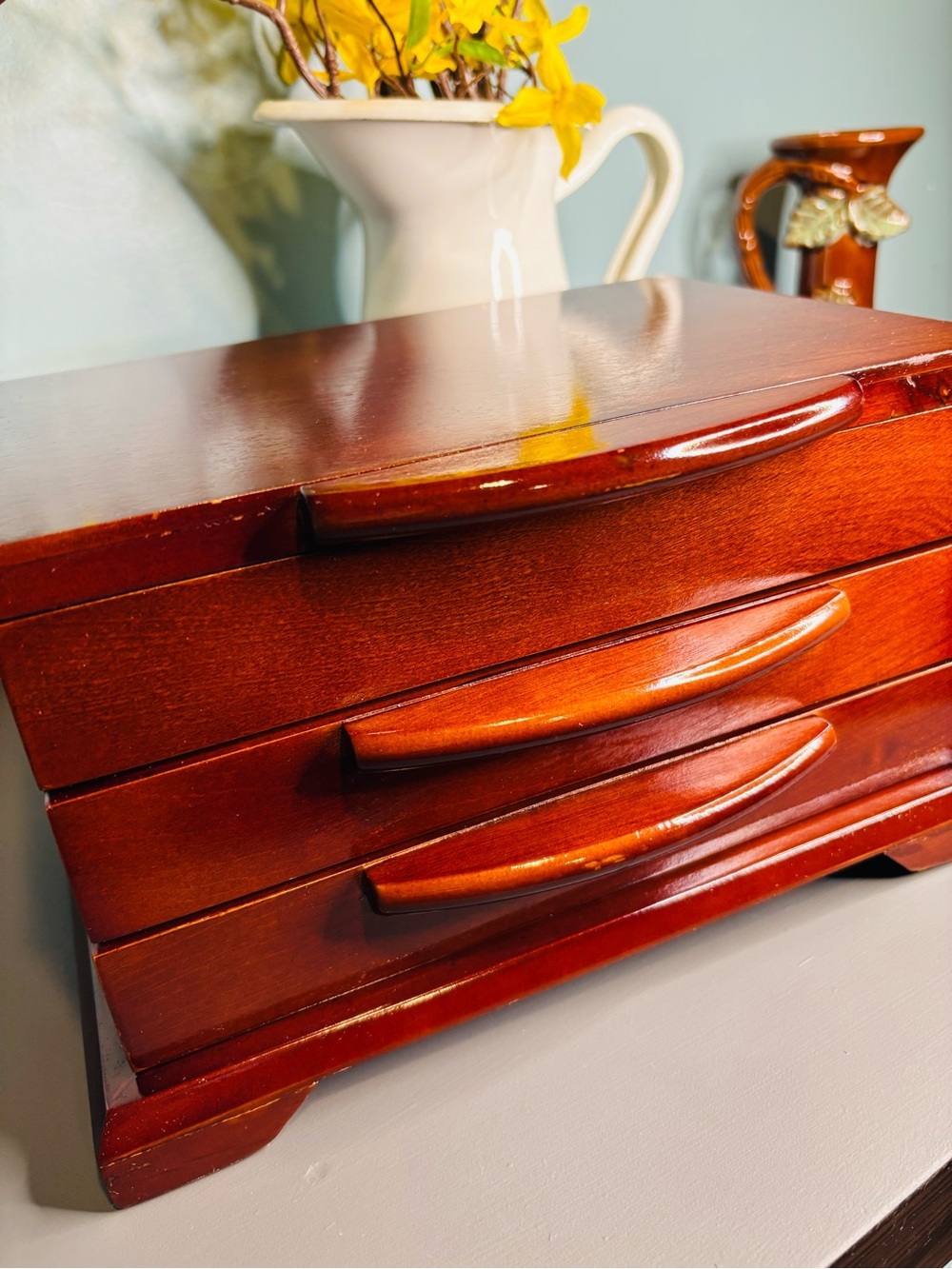 Wooden Jewelry Box with Two Drawers - Red Brown - Picture 4 of 12